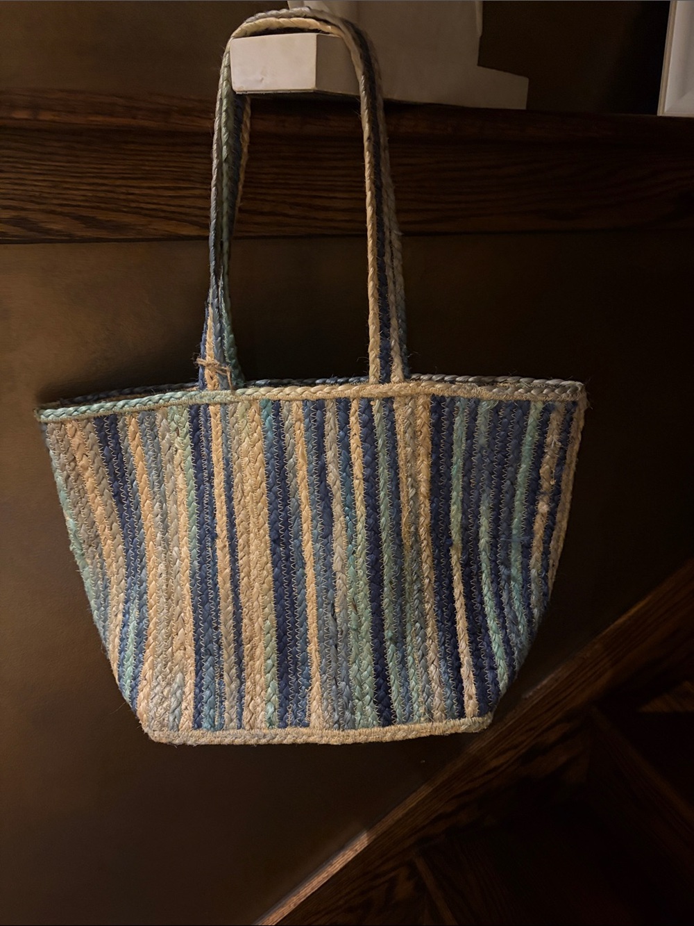 Gift Ready! NWT - Roomy Stripe Tote Bag in Blues and Cream Jute